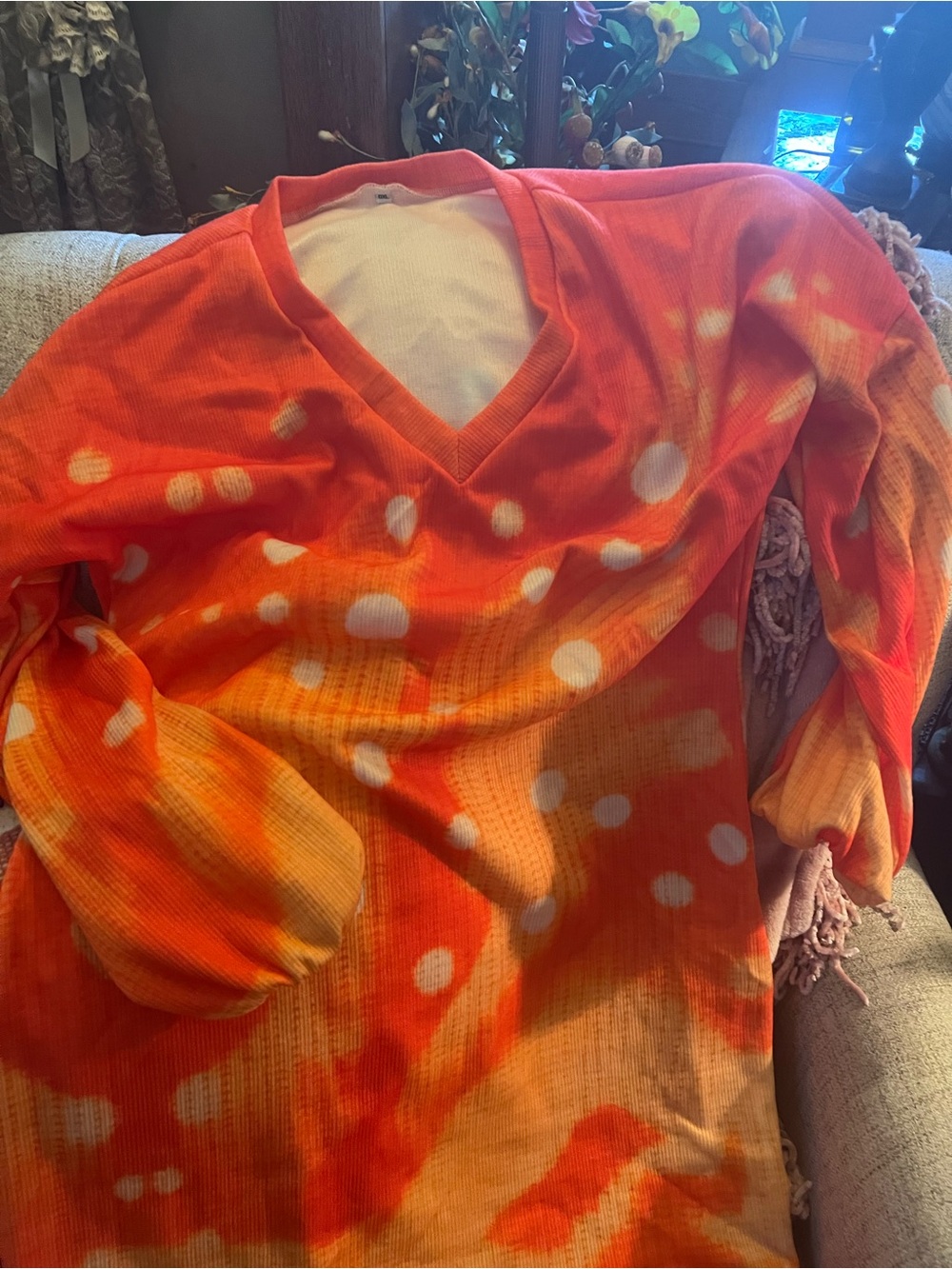 SHEIN Orange Tie-Dye Midi Dress with White Spots